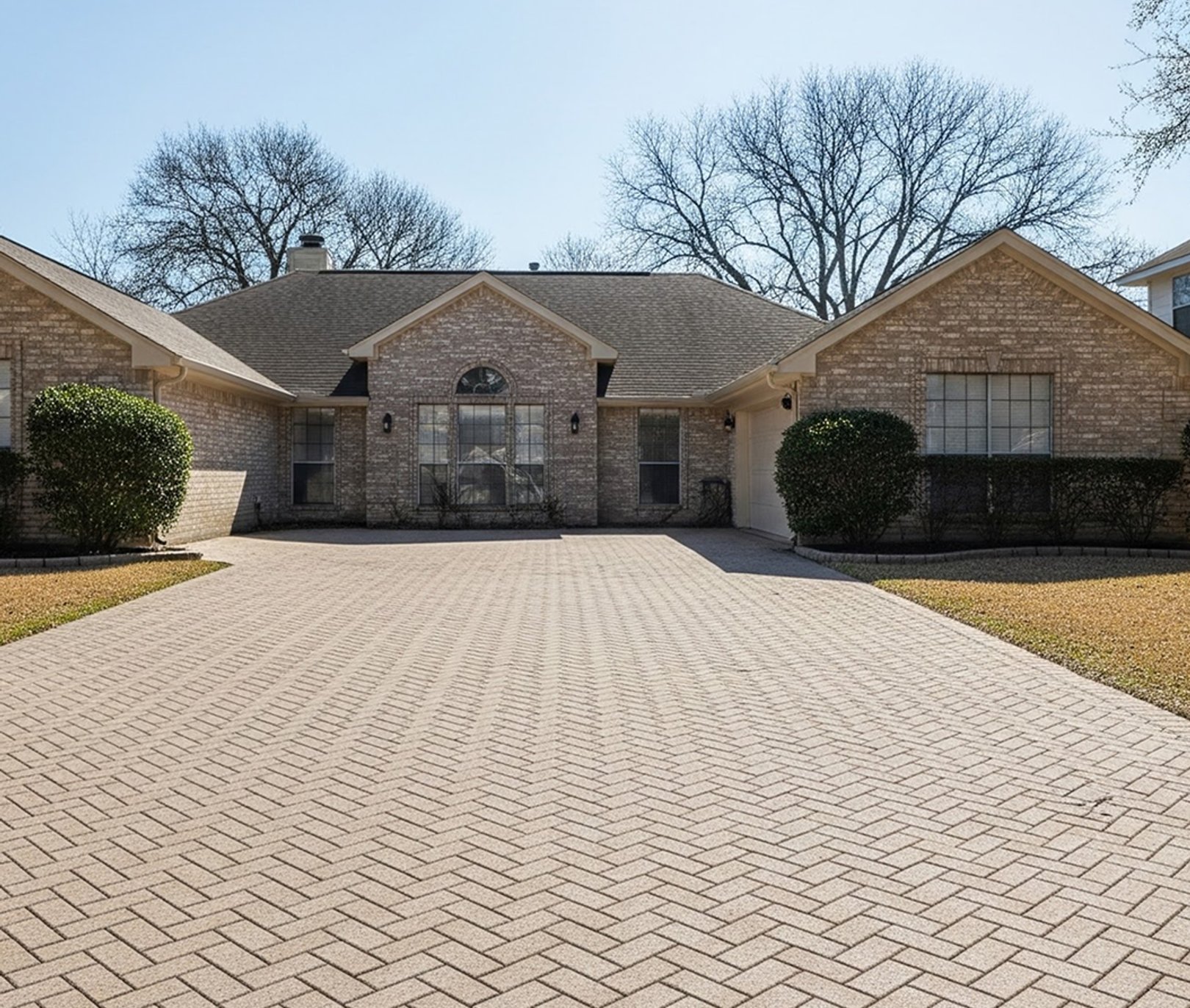 Herringbone brick paver driveway in front of a brick home