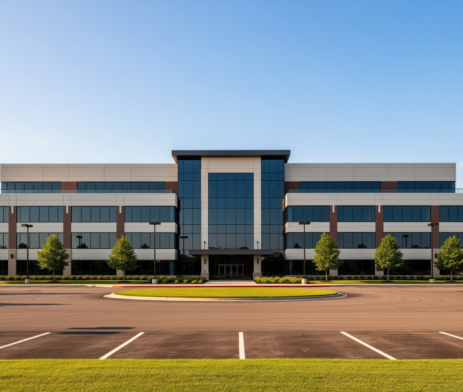 Office building with a wide paved parking area and entry drive