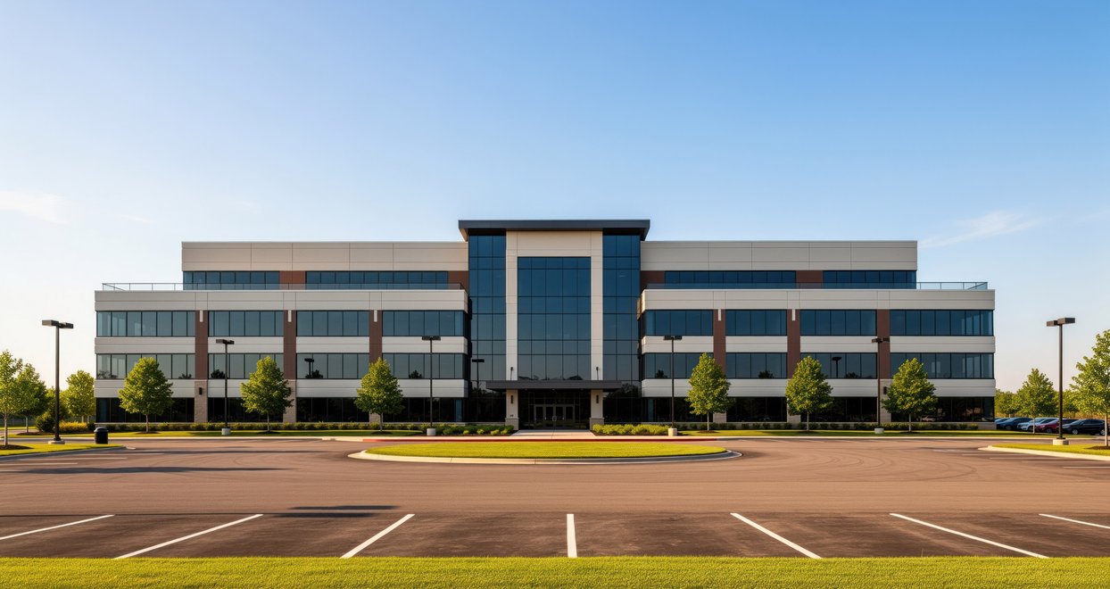 Office building with a paved concrete parking lot