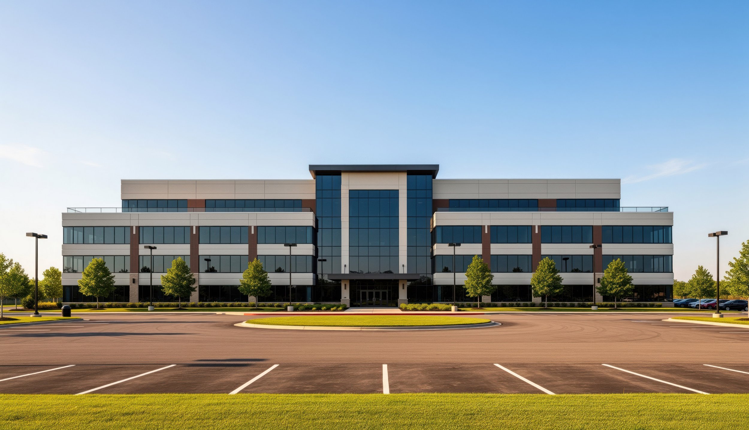 Office building with a large paved parking lot and freshly striped stalls