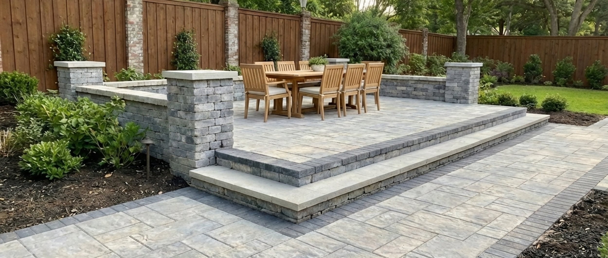 Paver patio with seating area and stone seat walls in a Houston backyard