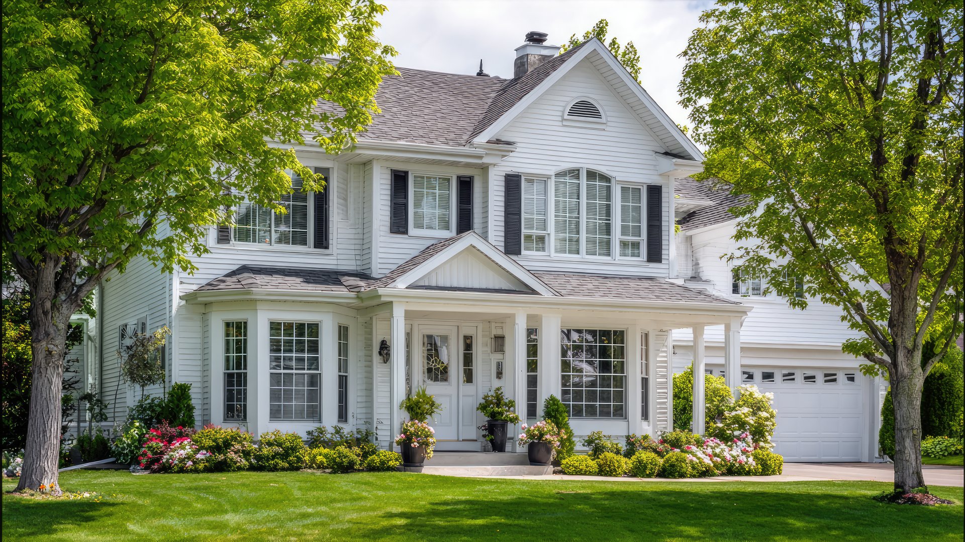 Two-story white home with a green lawn, shade trees, and a concrete driveway leading to a two-car garage