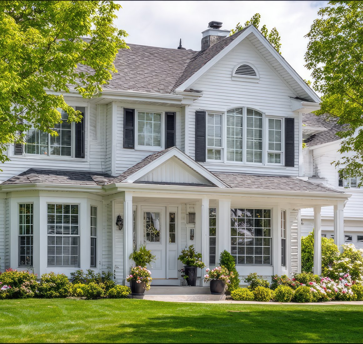 White two-story home with a front porch, green lawn, shade trees, and a two-car garage