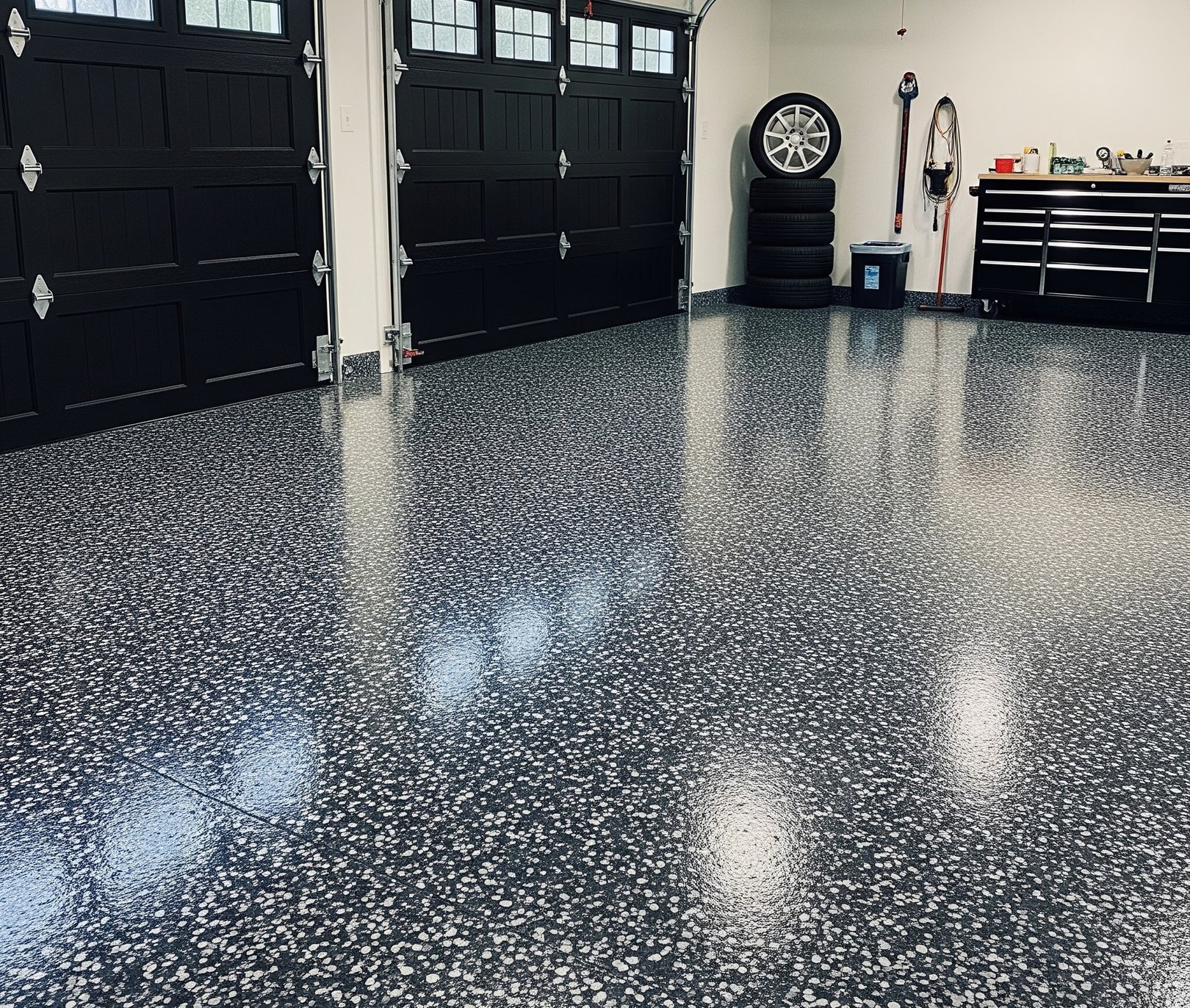 Coated two-car garage floor with a glossy flake finish, a tire rack, and a tool chest