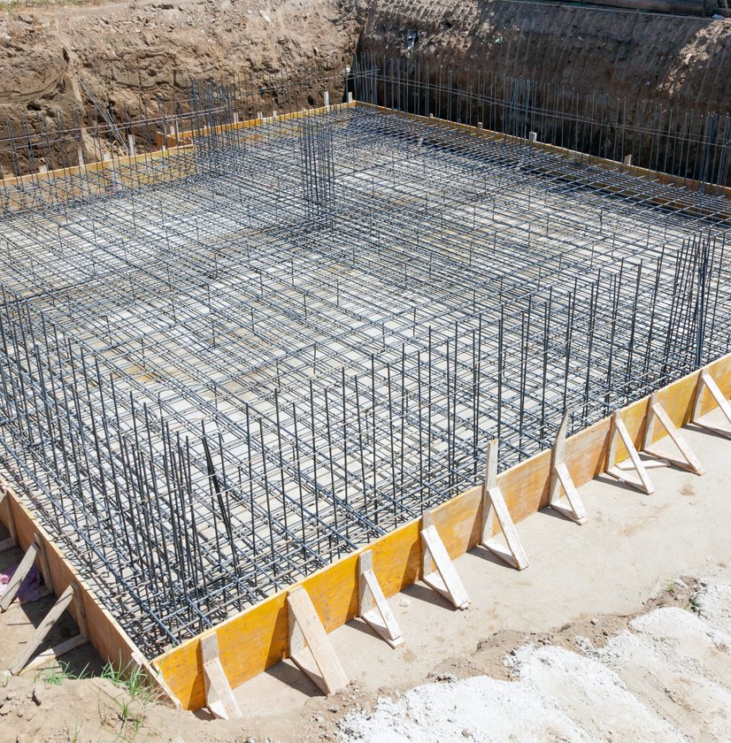 Rebar and forms set for a concrete slab foundation