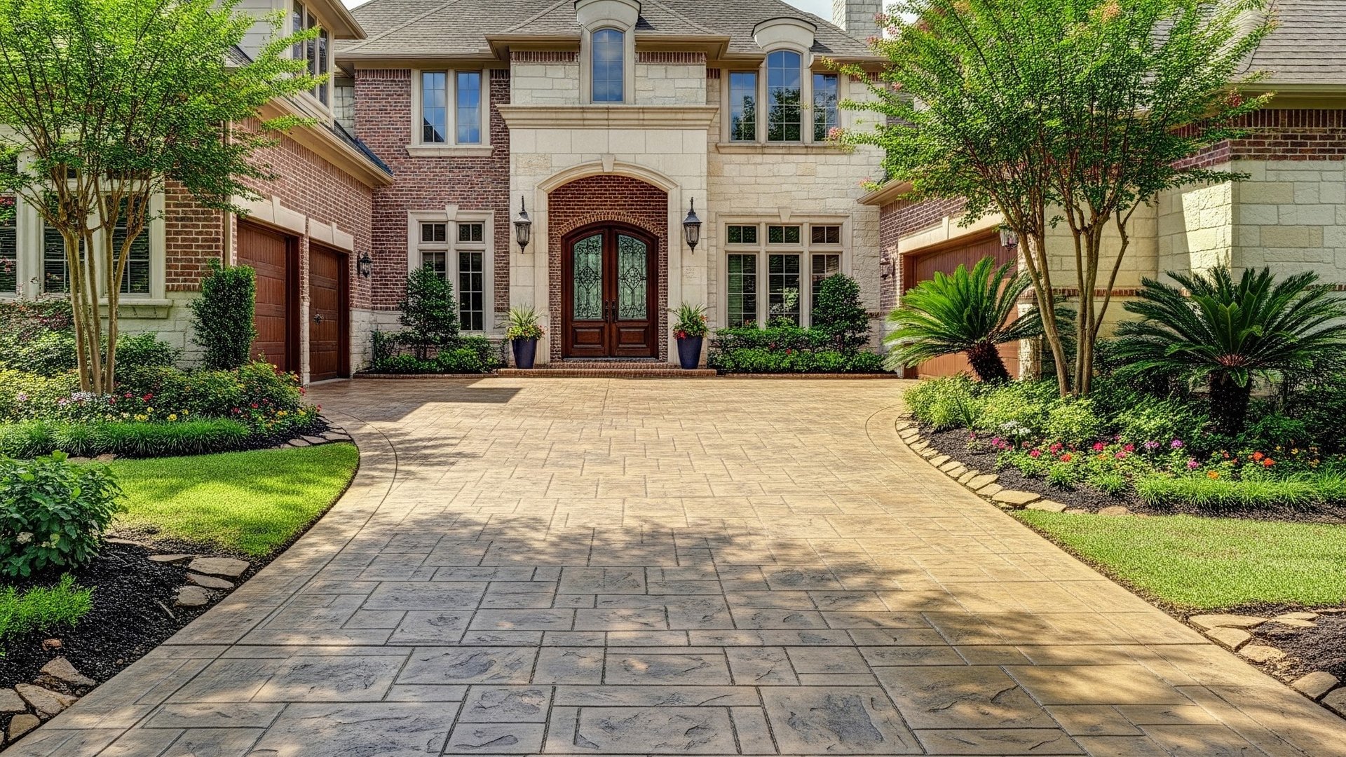 Stamped concrete driveway curving up to a two-story brick and stone home with shade trees