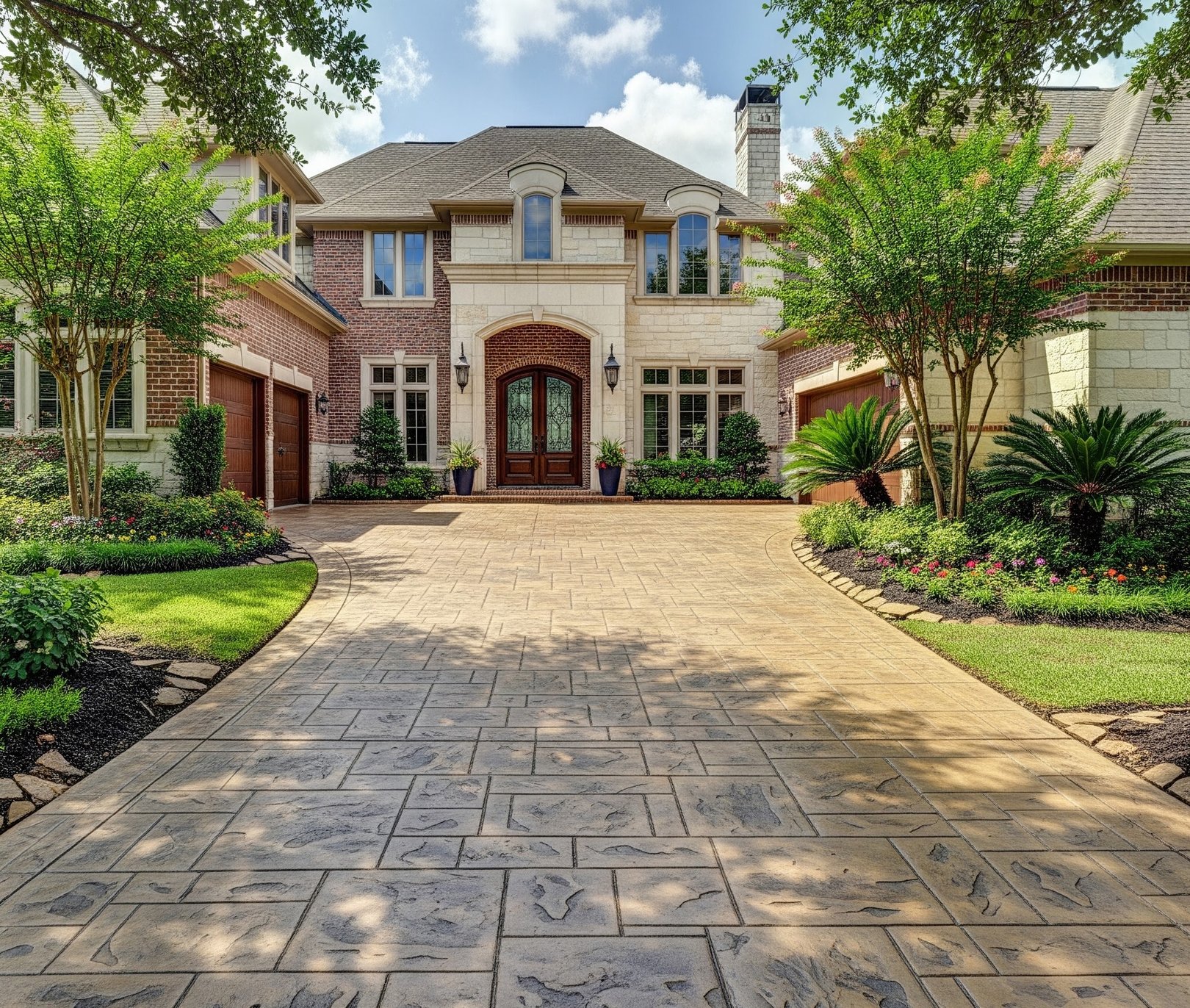 Stamped concrete driveway leading to a large brick home