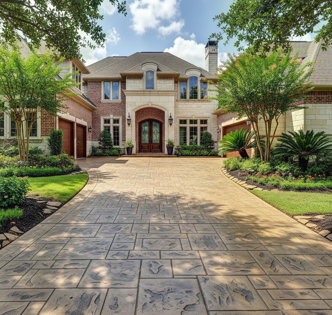 Stamped concrete driveway leading up to a brick home