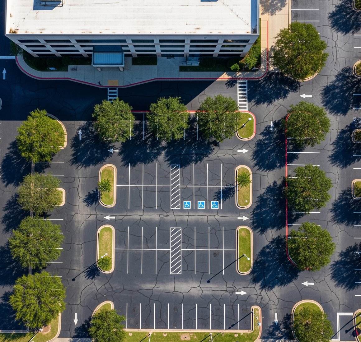 Aerial view of an office building and a cracked parking lot lined with trees