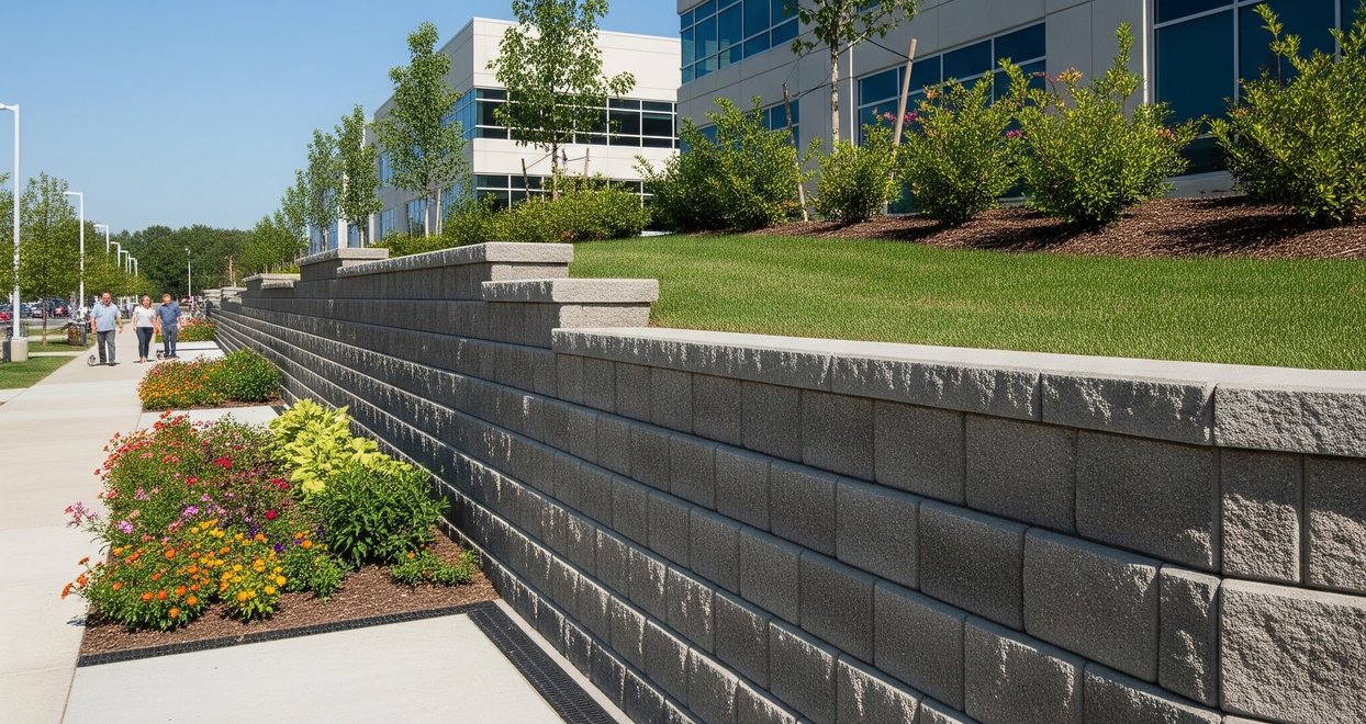 Block retaining wall along a walkway at an office building