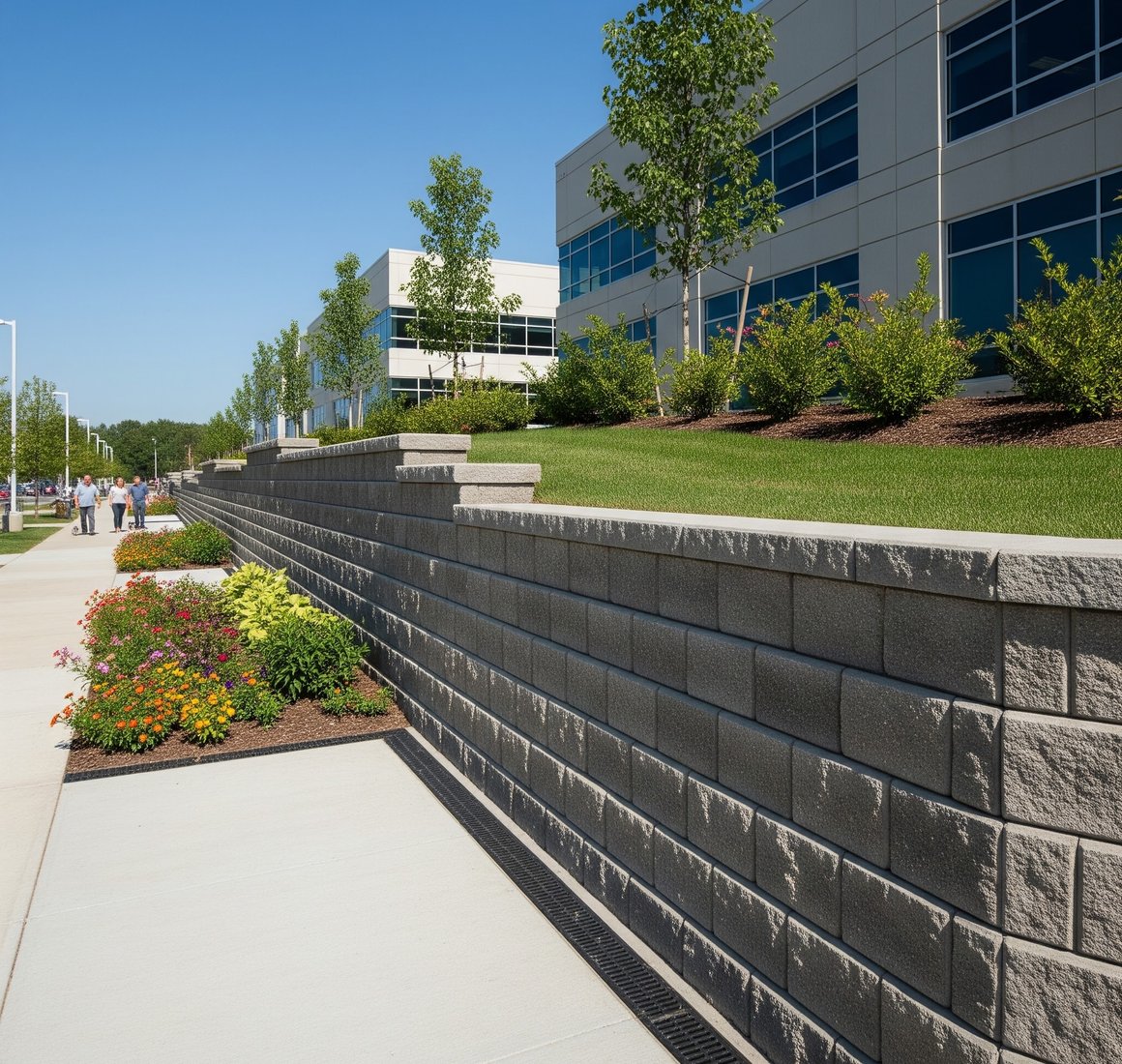 Gray block retaining wall holding back a grassy slope beside a concrete sidewalk and office buildings