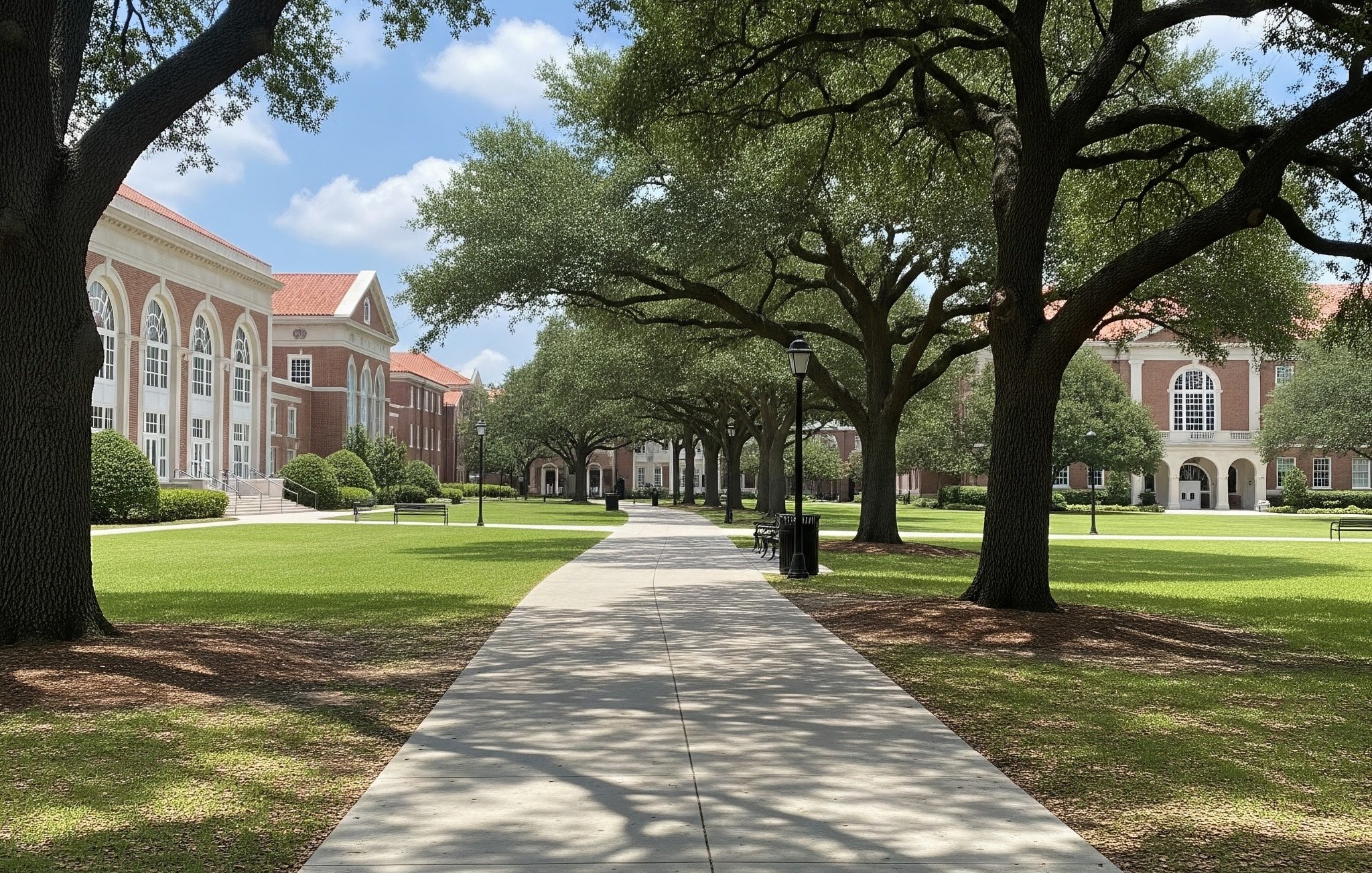 Concrete sidewalk running under large shade trees in the Houston area
