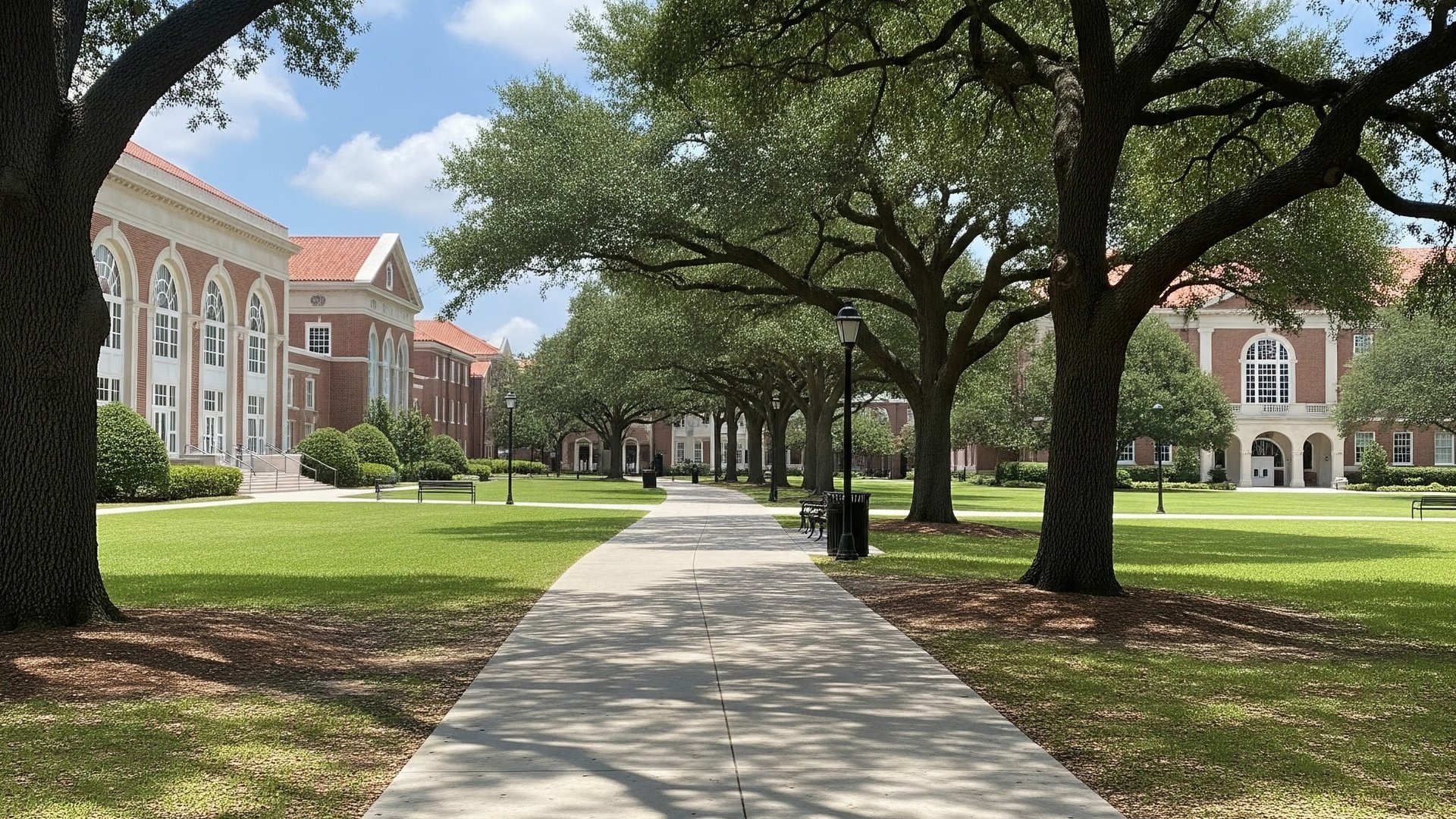 Wide concrete walkway shaded by live oak trees between red brick buildings