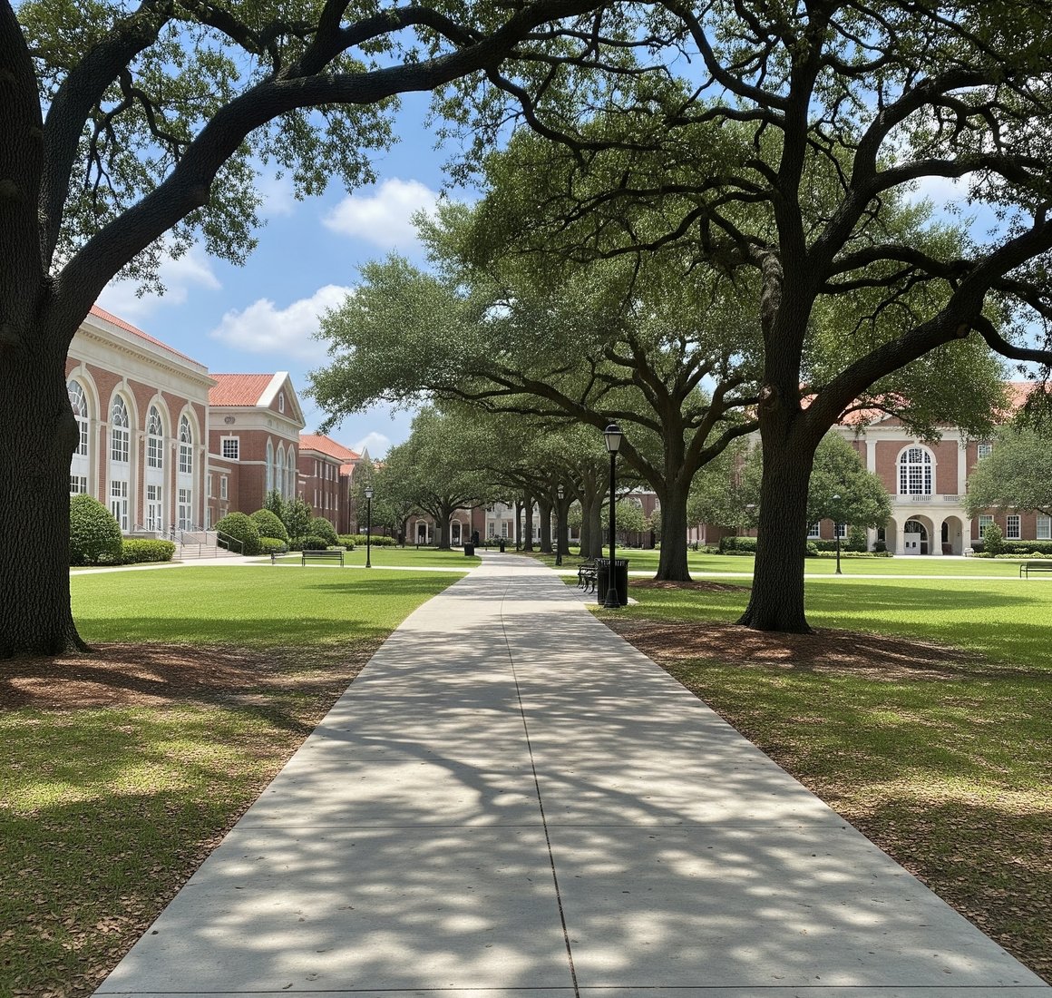 Wide concrete walkway shaded by large live oak trees, with brick buildings on both sides