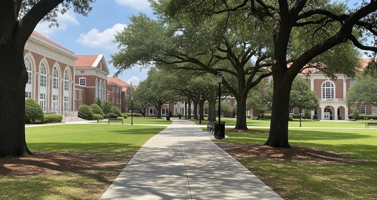 Wide concrete walkway shaded by large oak trees