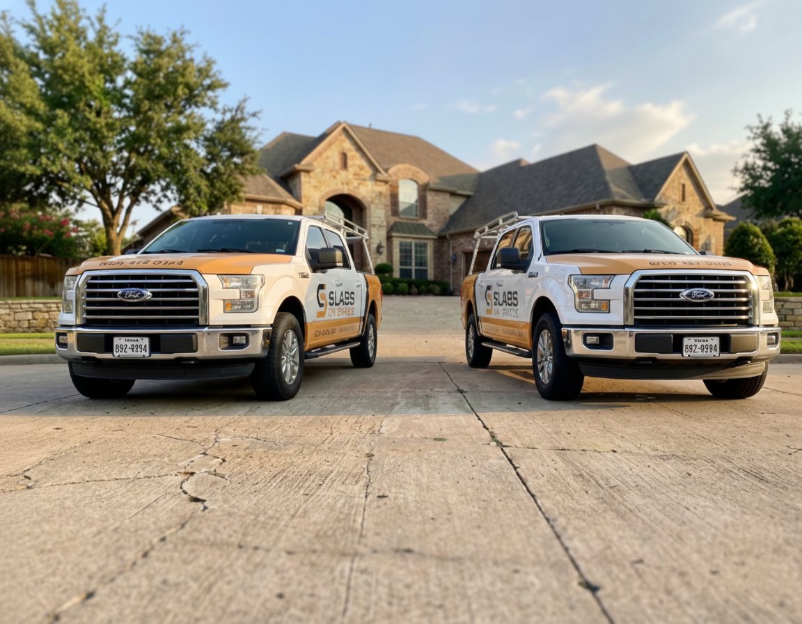 Two Slabs on Grade work trucks parked on a concrete driveway in front of a brick home
