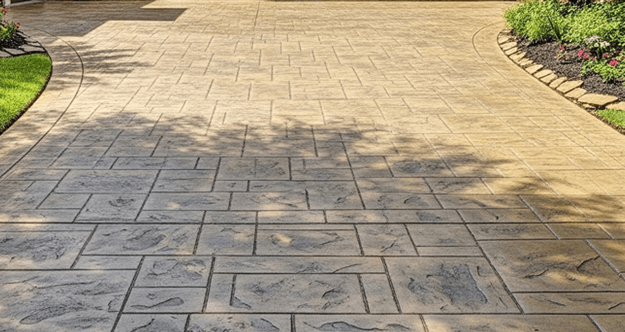 Stamped concrete driveway with a gray and tan cut-stone pattern and curved edges